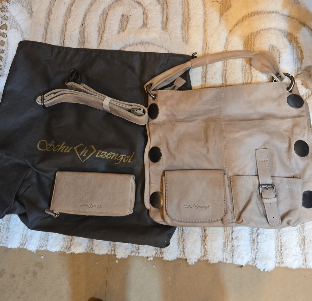 Schu Tangel Taupe Leather Shoulder Bag with Matching Wallet